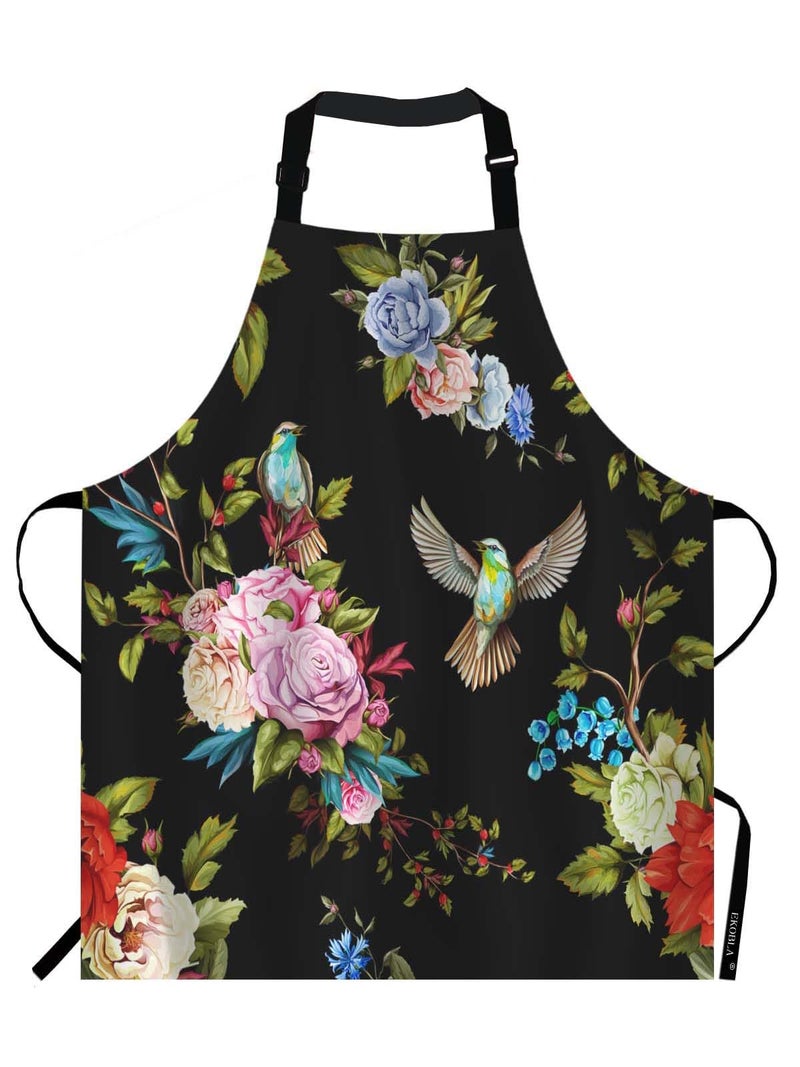 EKOBLA Flower Aprons Wild Flowers Peony Roses Lily Nightingale Cornflower Black Background Waterproof Resistant Chef Cooking Kitchen BBQ Adjustable Aprons for Women Men 27x31 Inch - Image 1